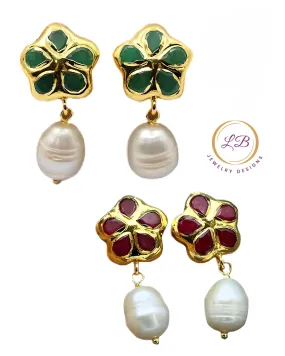 Jade Gemstones & Freshwater Pearls Stud Earrings 1.5”