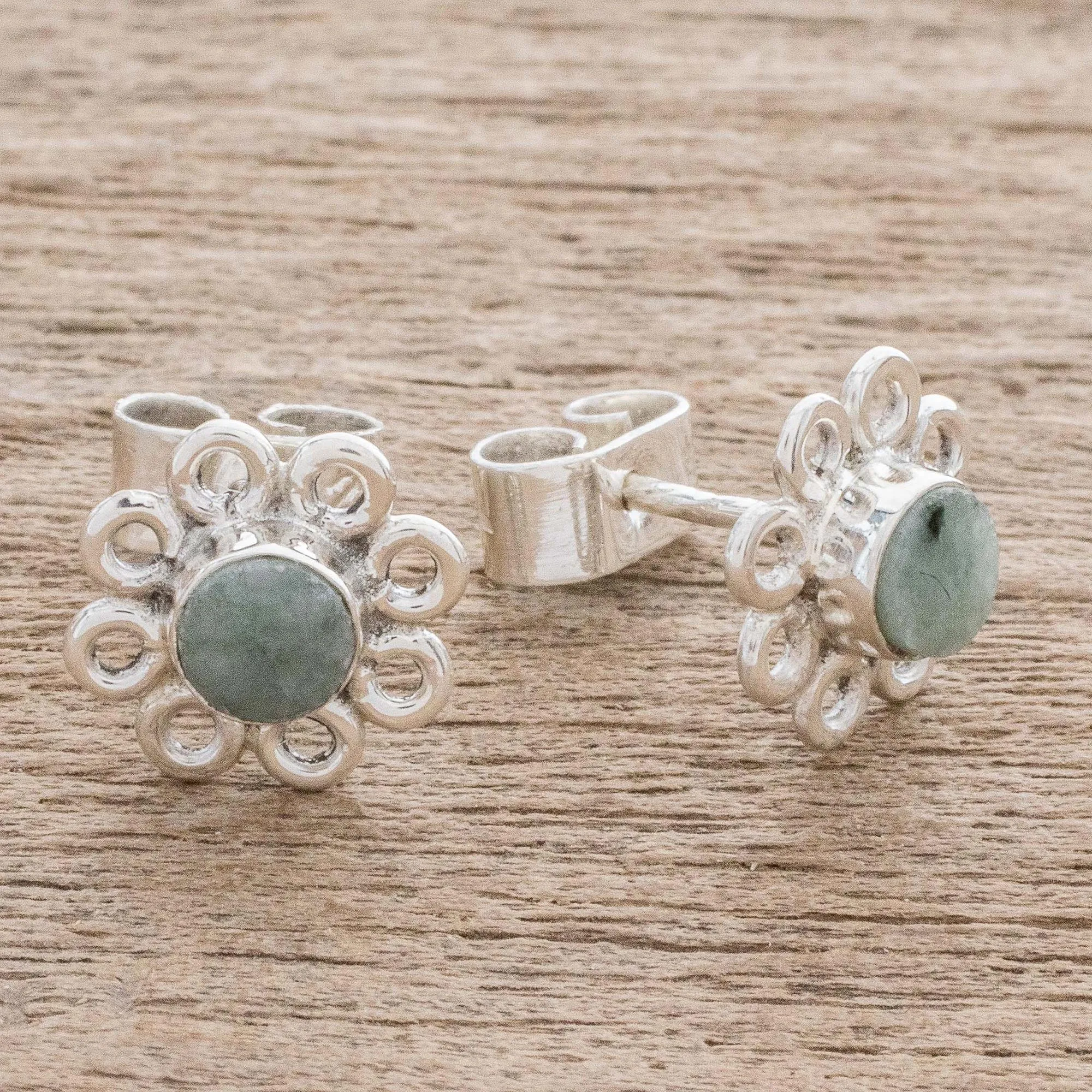 Jade Stud Earrings with Floral Motifs from Guatemala - Apple Daisies | NOVICA