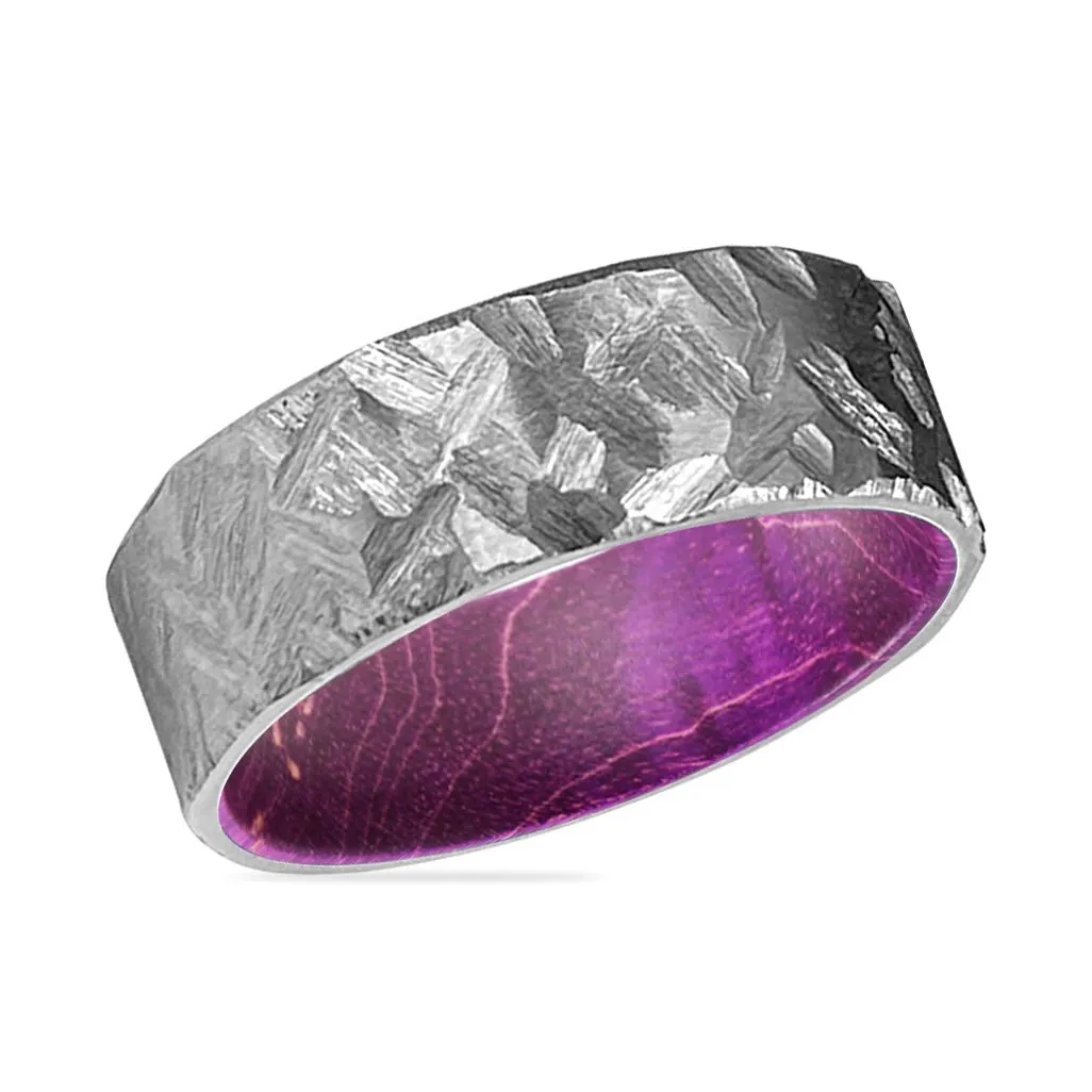 JAMBALI | Purple Wood, Silver Titanium Ring, Hammered, Flat