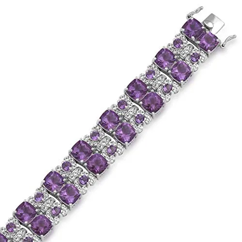 Jewelili Sterling Silver 8 x 8mm Cushion Shape Amethyst and Round Shape White Topaz Tennis Bracelet, 7.5"