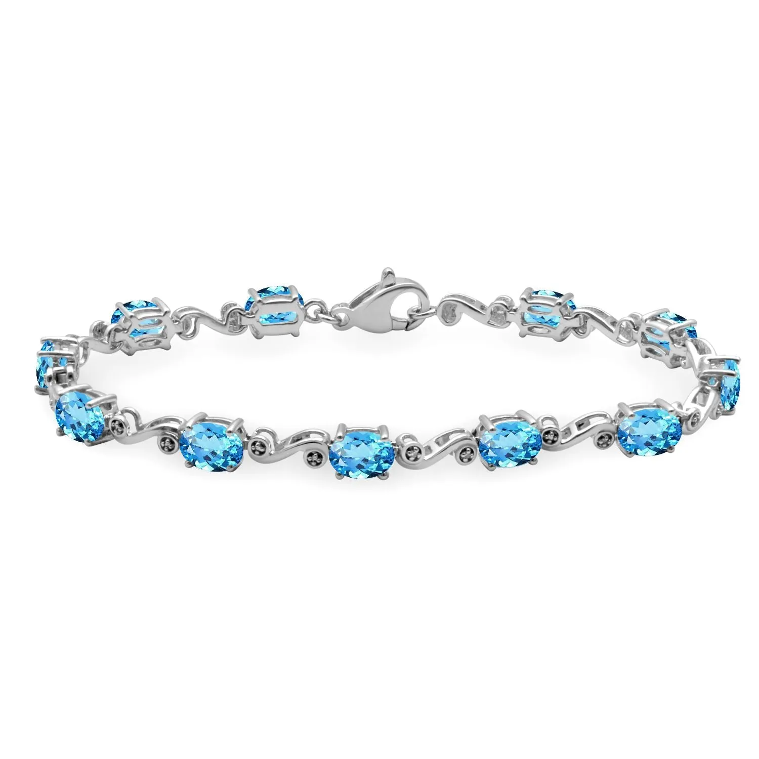 Jewelili Sterling Silver With Diamonds and Oval Swiss Blue Topaz Link Bracelet