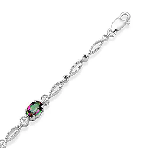 Jewelili Sterling Silver With Oval Shape Simulated Mystic Topaz Fashion Bracelet