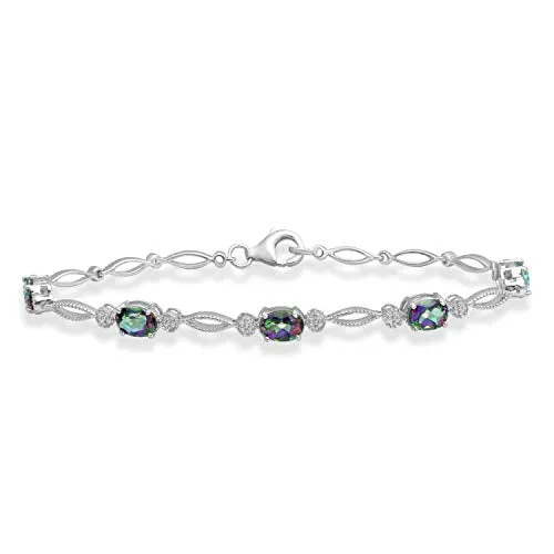 Jewelili Sterling Silver With Oval Shape Simulated Mystic Topaz Fashion Bracelet