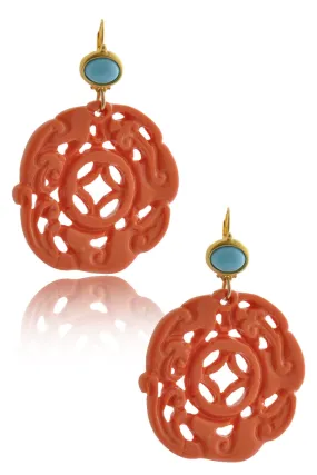 KENNETH JAY LANE ROUND BALI Coral Carved Pierced Earrings