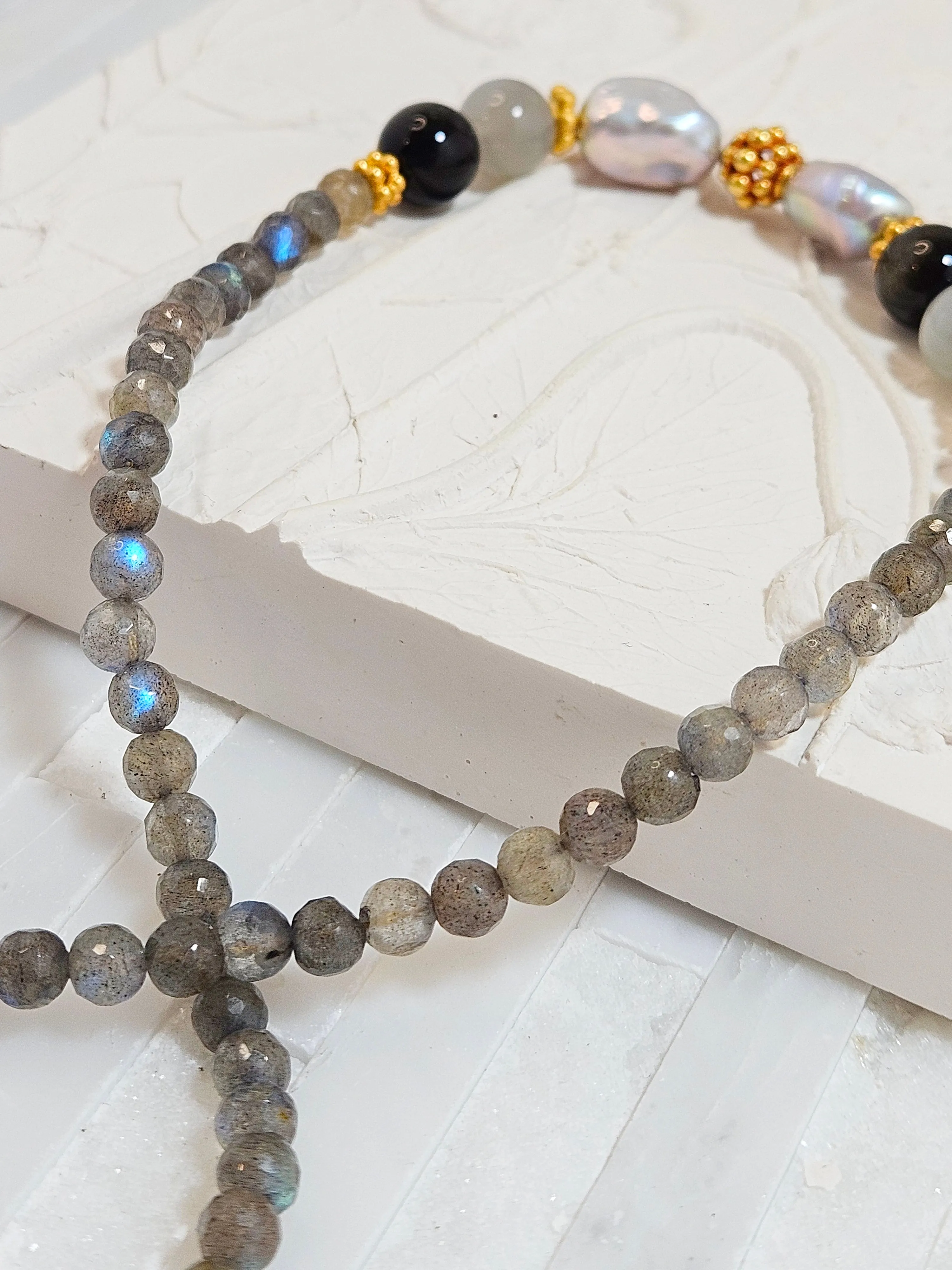 Labradorite, Grey Moonstone, Golden Obsidian and Freshwater Pearl 18K Gold Necklace 21"