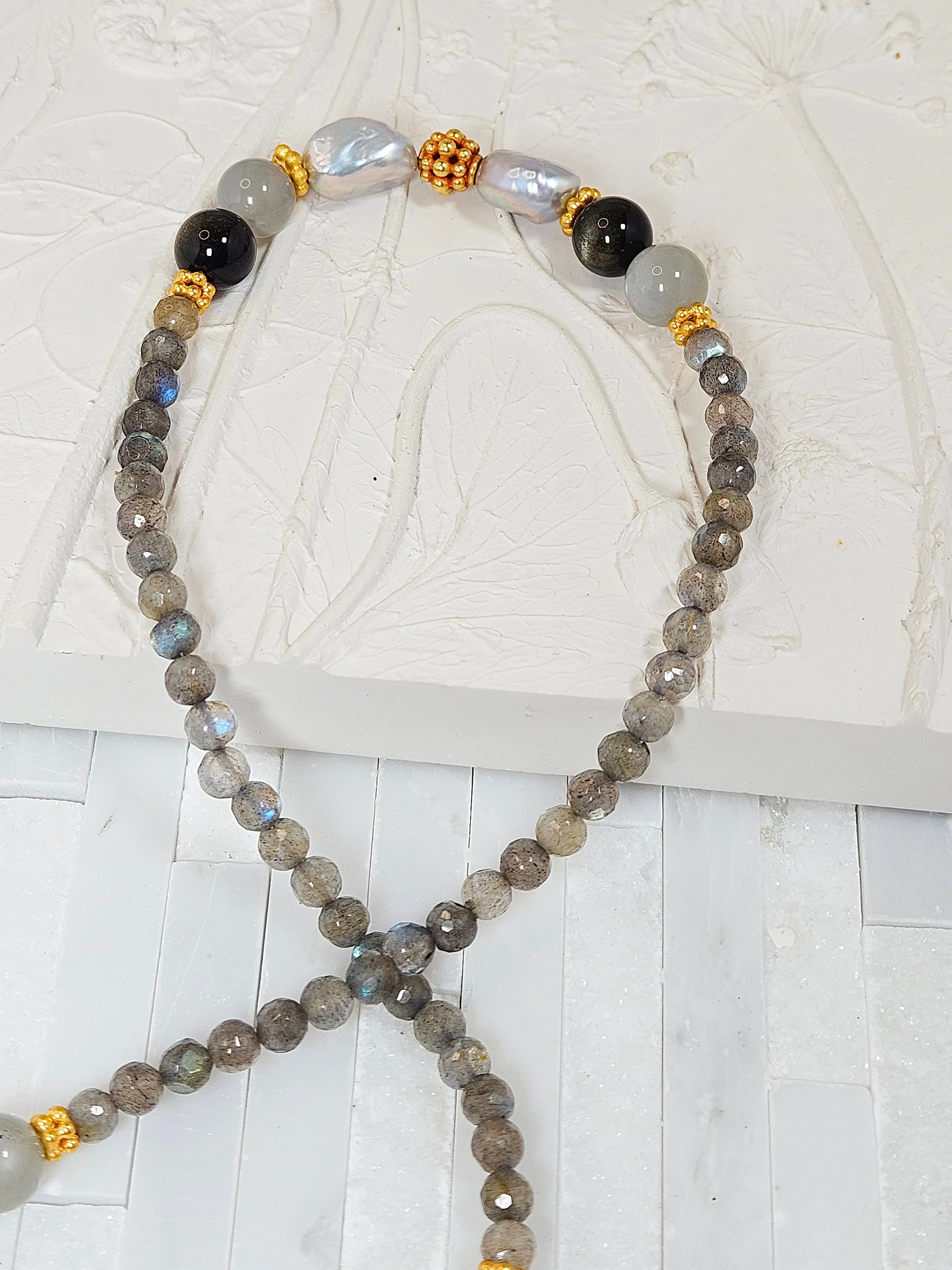 Labradorite, Grey Moonstone, Golden Obsidian and Freshwater Pearl 18K Gold Necklace 21"