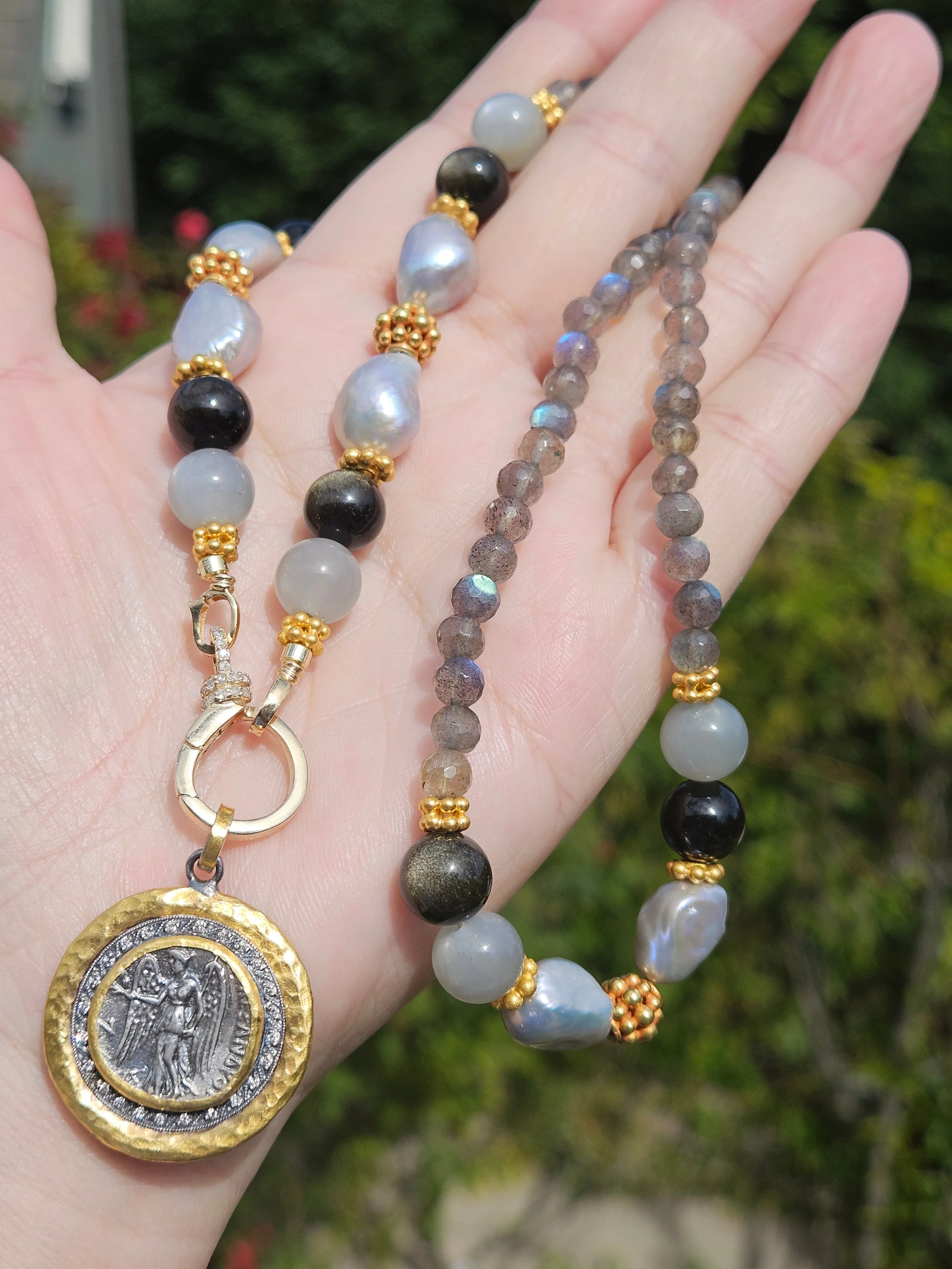 Labradorite, Grey Moonstone, Golden Obsidian and Freshwater Pearl 18K Gold Necklace 21"