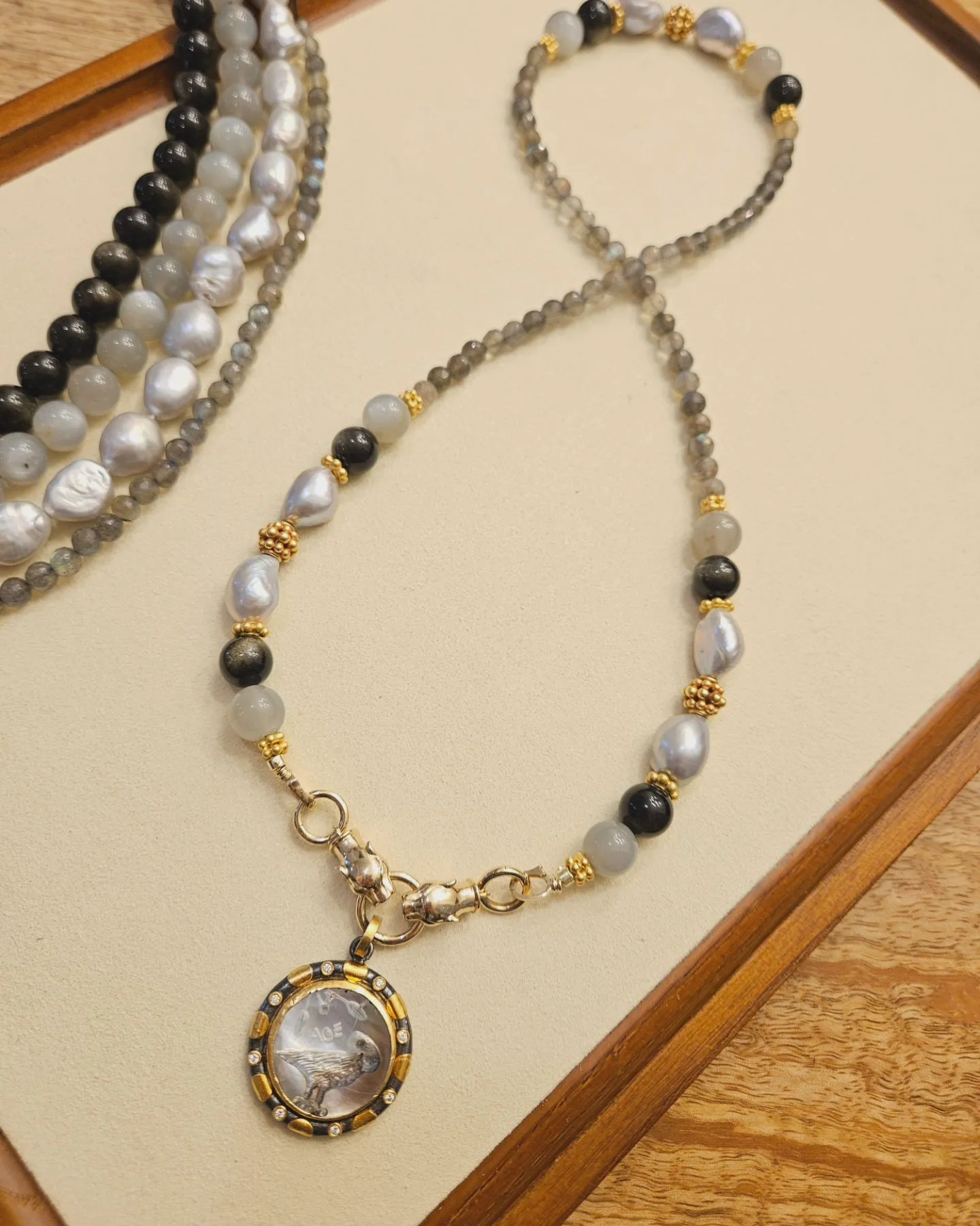 Labradorite, Grey Moonstone, Golden Obsidian and Freshwater Pearl 18K Gold Necklace 21"