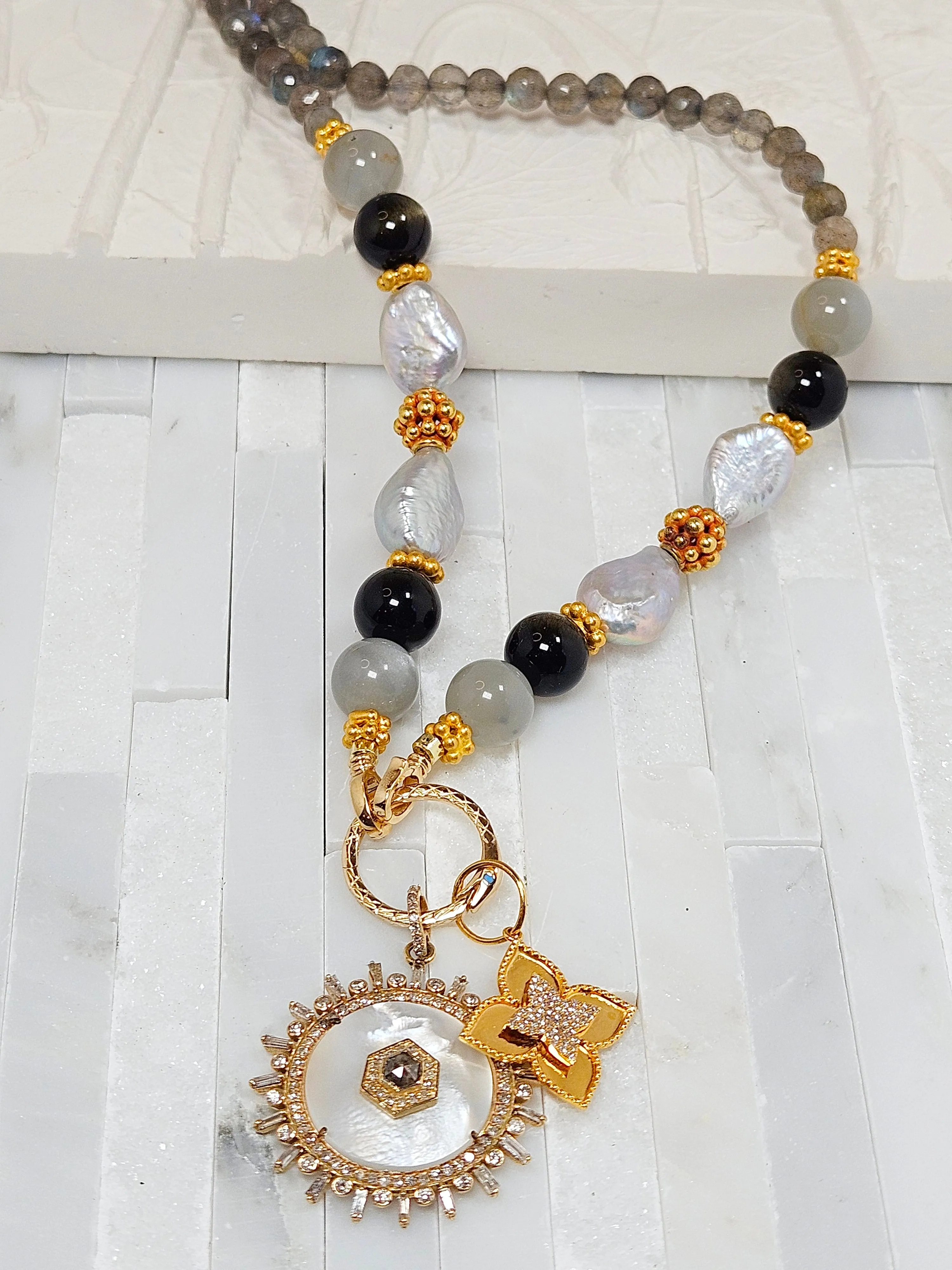 Labradorite, Grey Moonstone, Golden Obsidian and Freshwater Pearl 18K Gold Necklace 21"