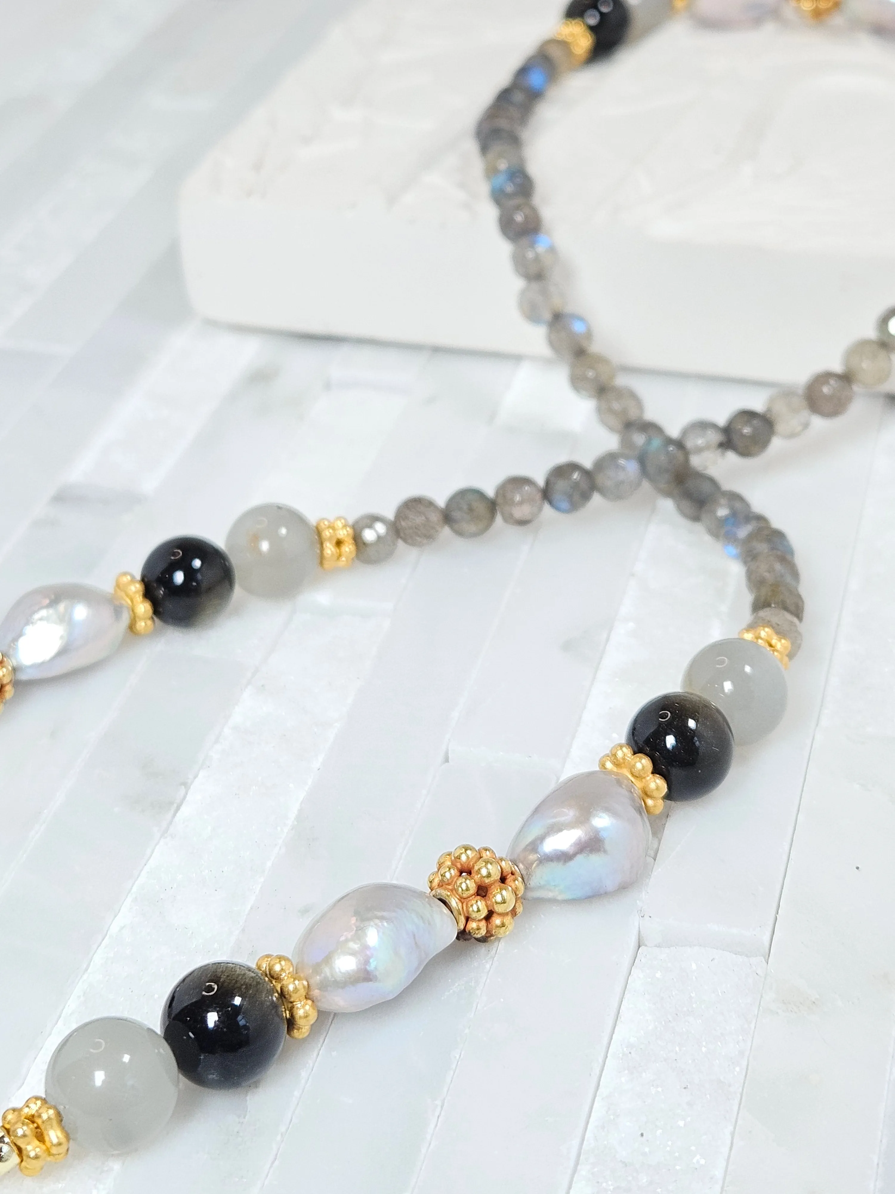 Labradorite, Grey Moonstone, Golden Obsidian and Freshwater Pearl 18K Gold Necklace 21"