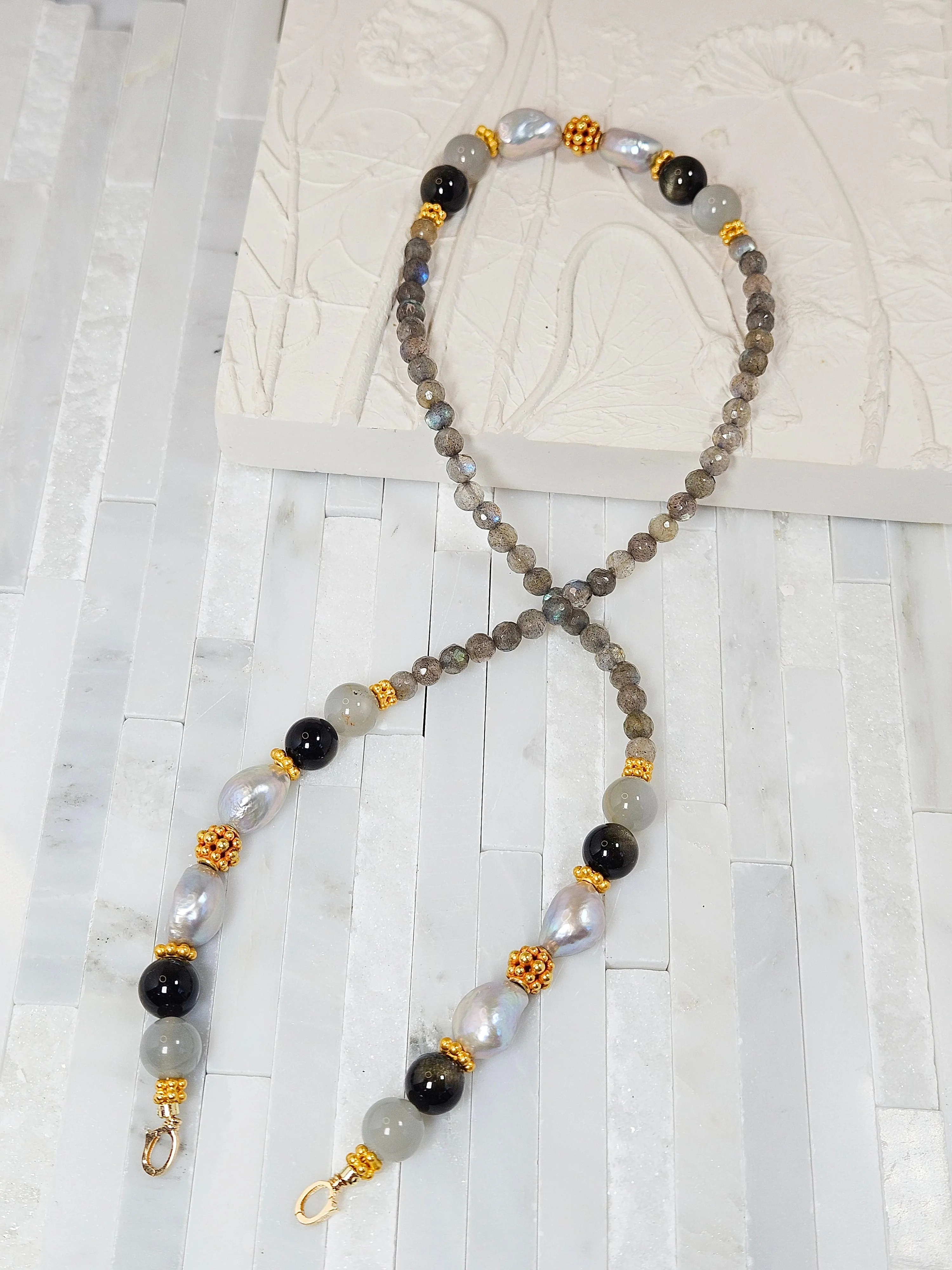 Labradorite, Grey Moonstone, Golden Obsidian and Freshwater Pearl 18K Gold Necklace 21"