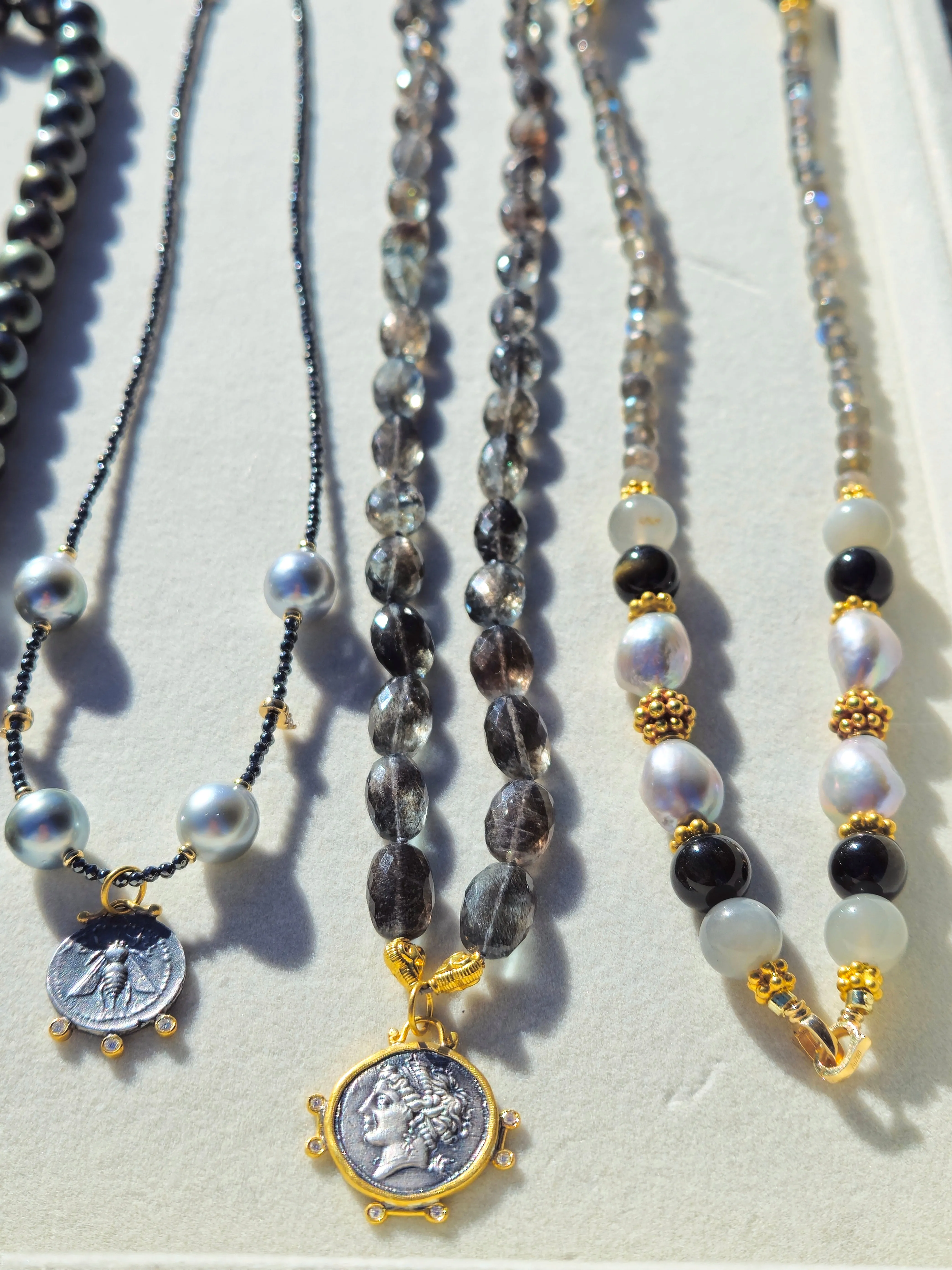 Labradorite, Grey Moonstone, Golden Obsidian and Freshwater Pearl 18K Gold Necklace 21"