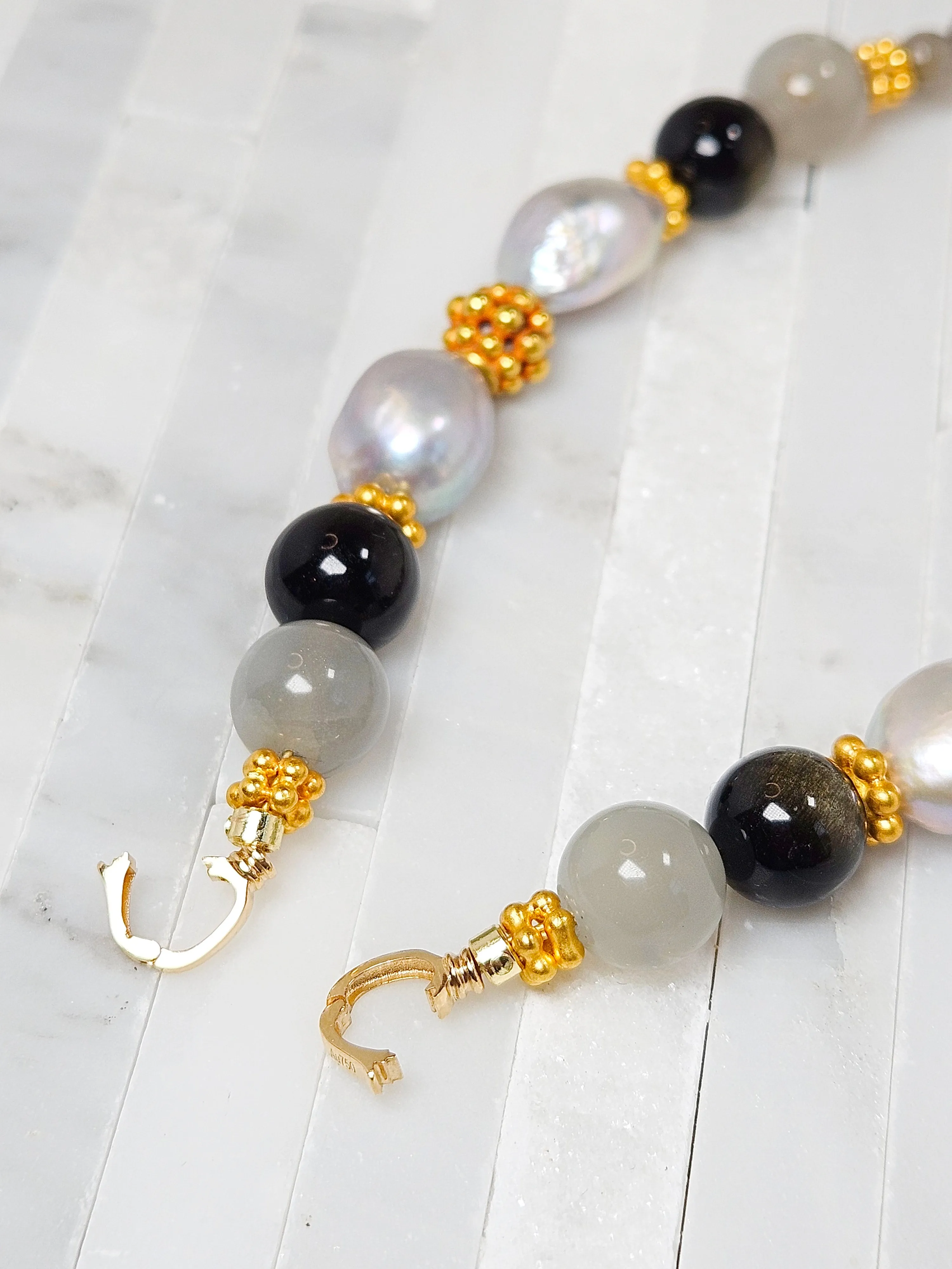 Labradorite, Grey Moonstone, Golden Obsidian and Freshwater Pearl 18K Gold Necklace 21"