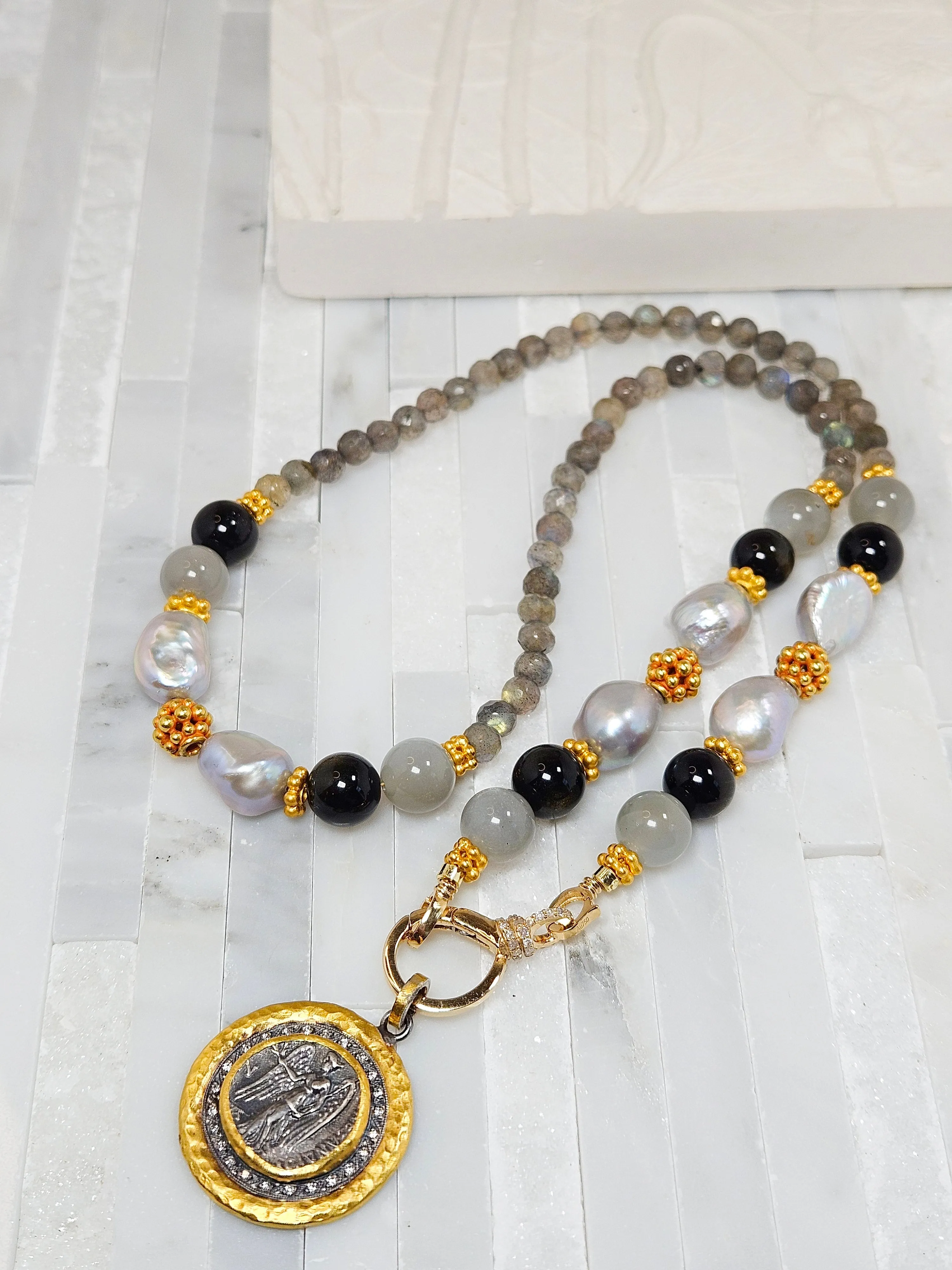 Labradorite, Grey Moonstone, Golden Obsidian and Freshwater Pearl 18K Gold Necklace 21"