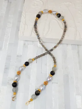 Labradorite, Grey Moonstone, Golden Obsidian and Freshwater Pearl 18K Gold Necklace 21"