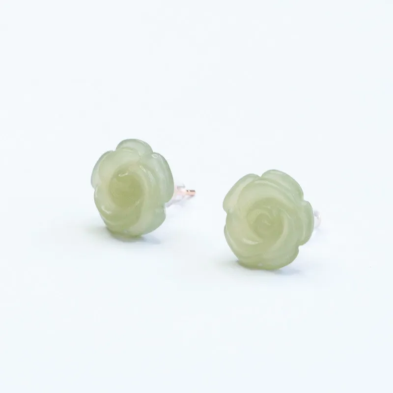 Lake Green Silver Flower Earrings with Natural Hotan Jade Insets