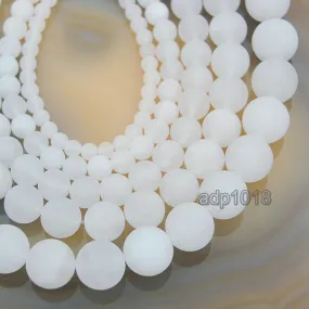 Matte Natural White Jade Gemstone Round Loose Beads on a 15.5" Strand