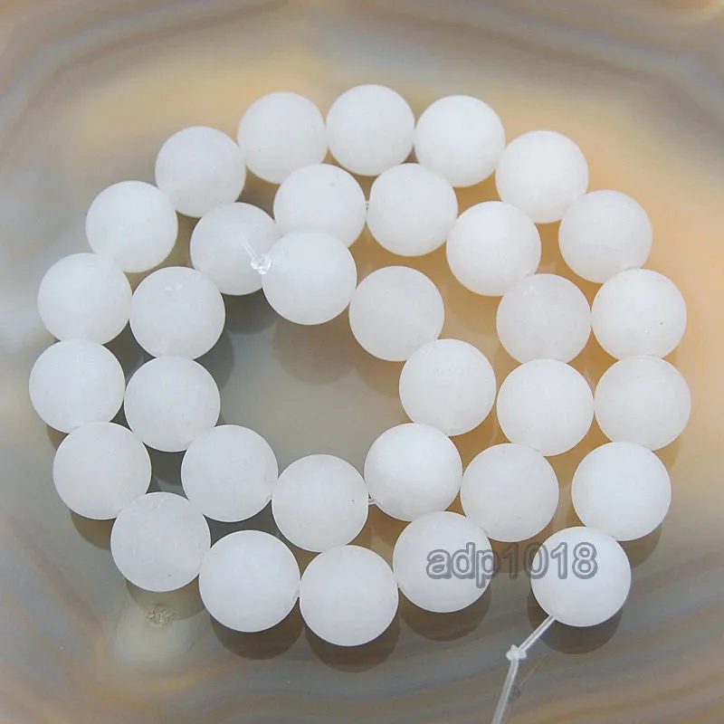 Matte Natural White Jade Gemstone Round Loose Beads on a 15.5" Strand