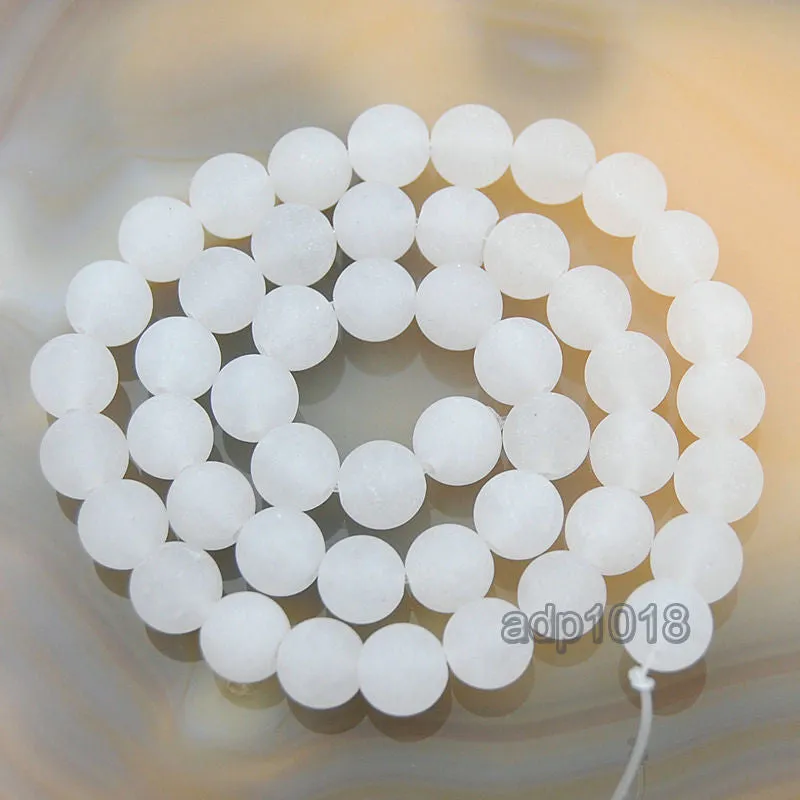 Matte Natural White Jade Gemstone Round Loose Beads on a 15.5" Strand