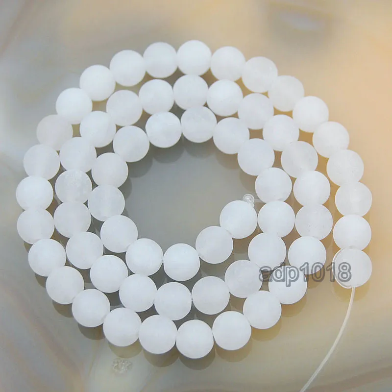 Matte Natural White Jade Gemstone Round Loose Beads on a 15.5" Strand