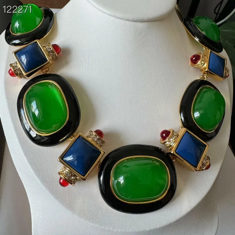 Medieval Retro Emerald Glass Exaggerated Statement Necklace