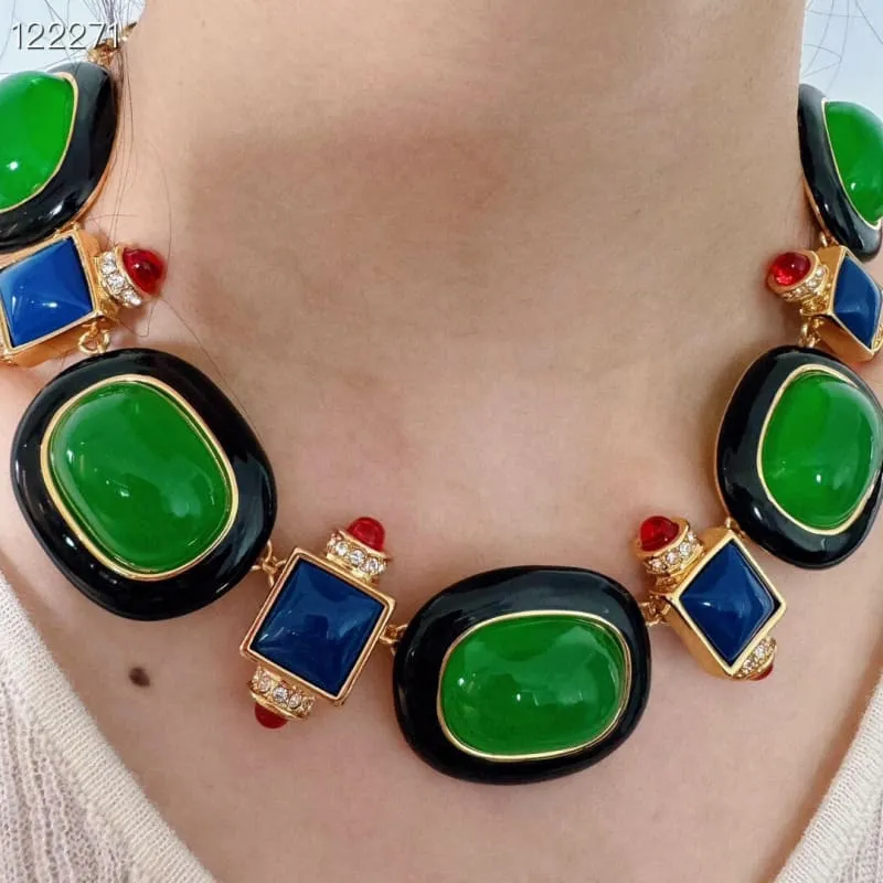 Medieval Retro Emerald Glass Exaggerated Statement Necklace