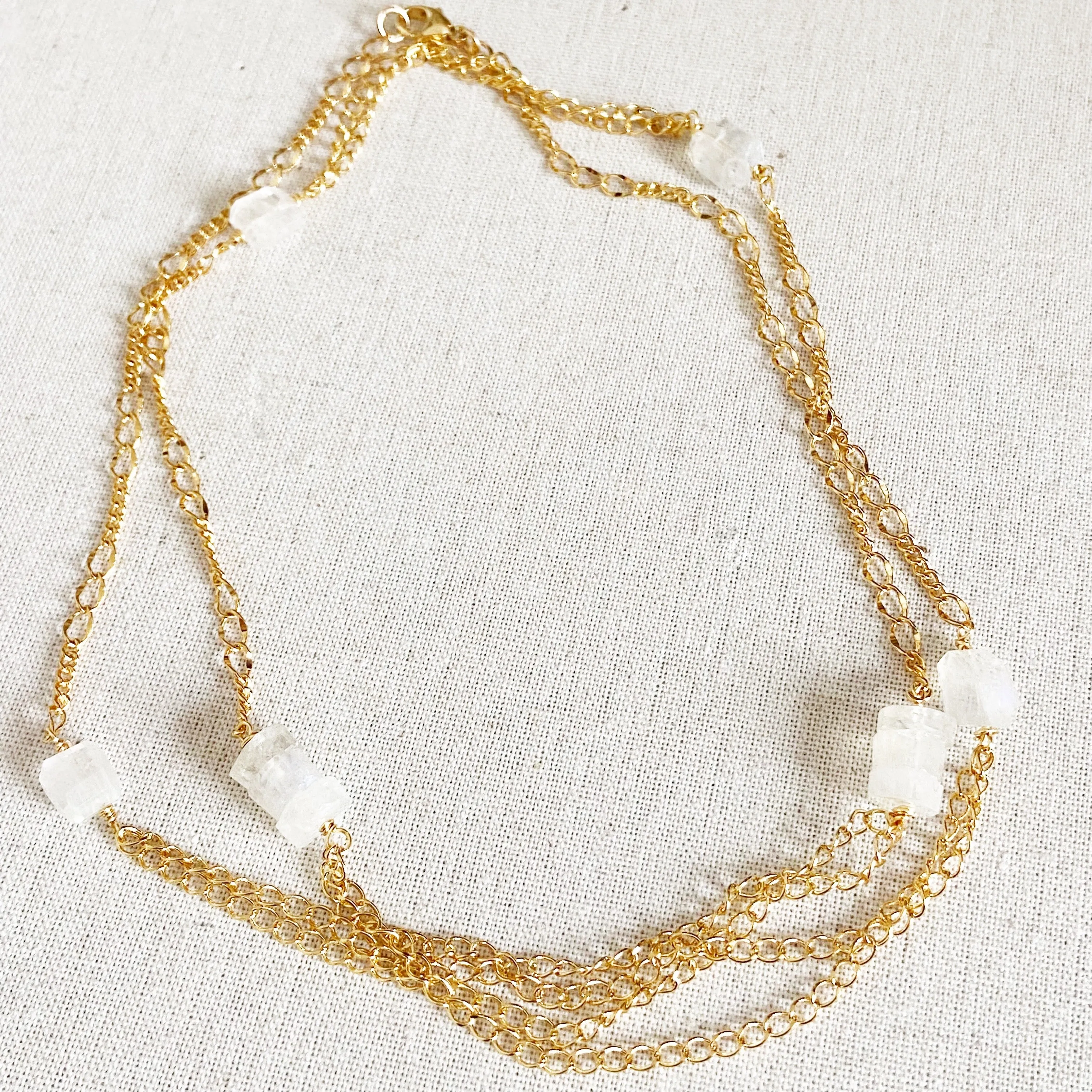 Mixed Chain Moonstone Long Necklace in Gold, Silver, or Rose Gold (31 inches)