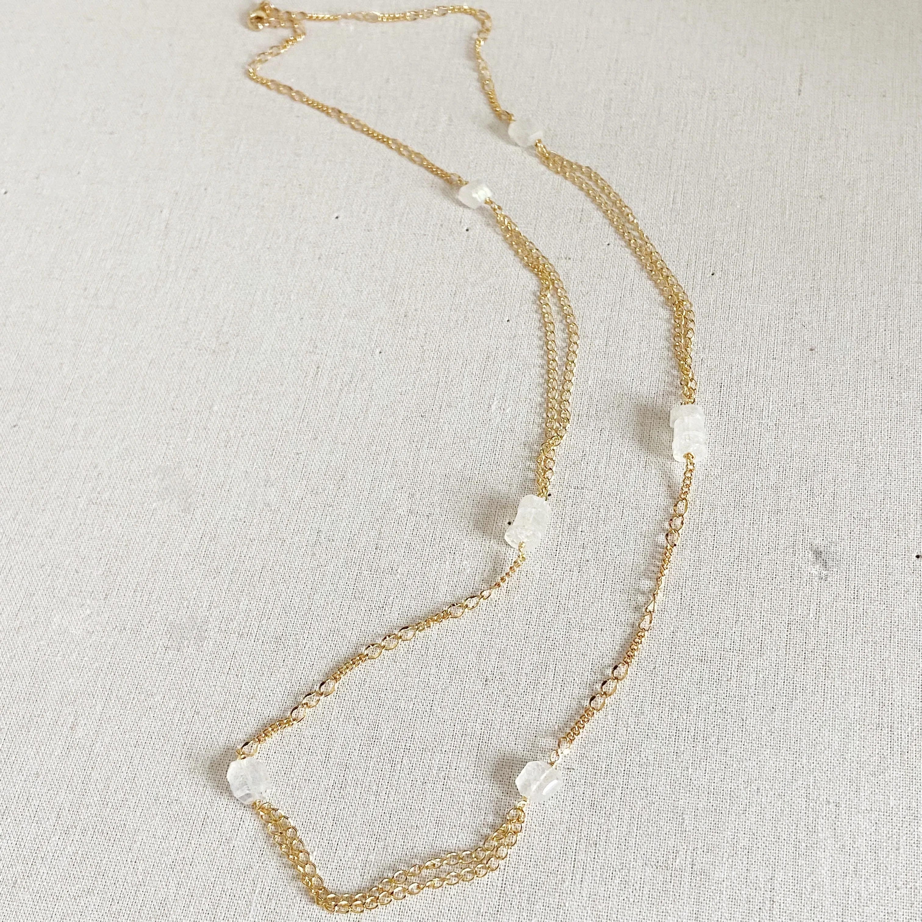 Mixed Chain Moonstone Long Necklace in Gold, Silver, or Rose Gold (31 inches)