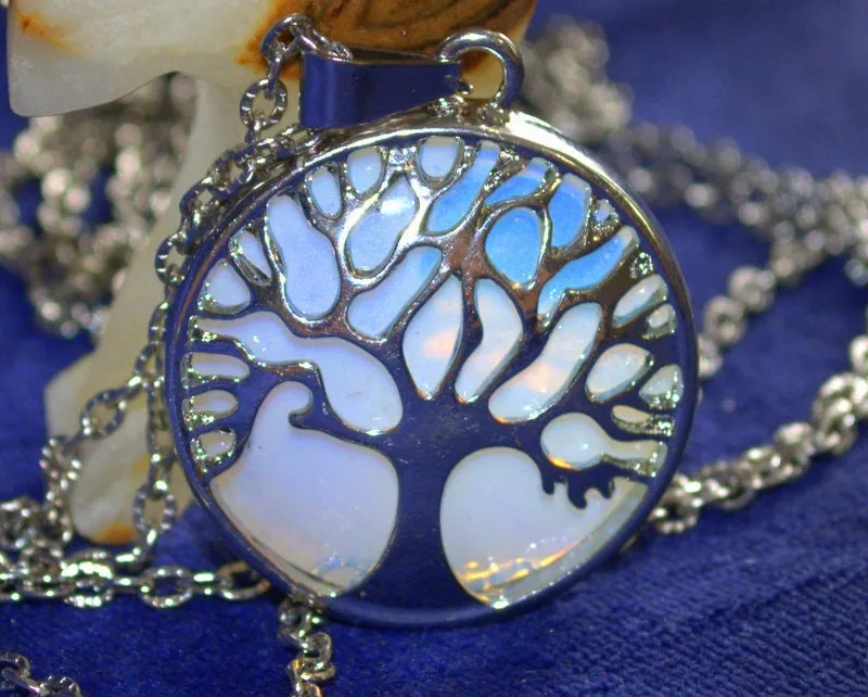 Moonstone pendant wire wrap jewelry Silver tree of life necklace Rainbow opalite statement necklace Personalized gift idea Gift for him her