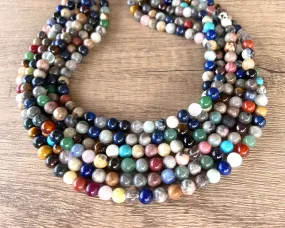 Multi Color Gemstone Beaded Multi Strand Chunky Statement Necklace - Michelle