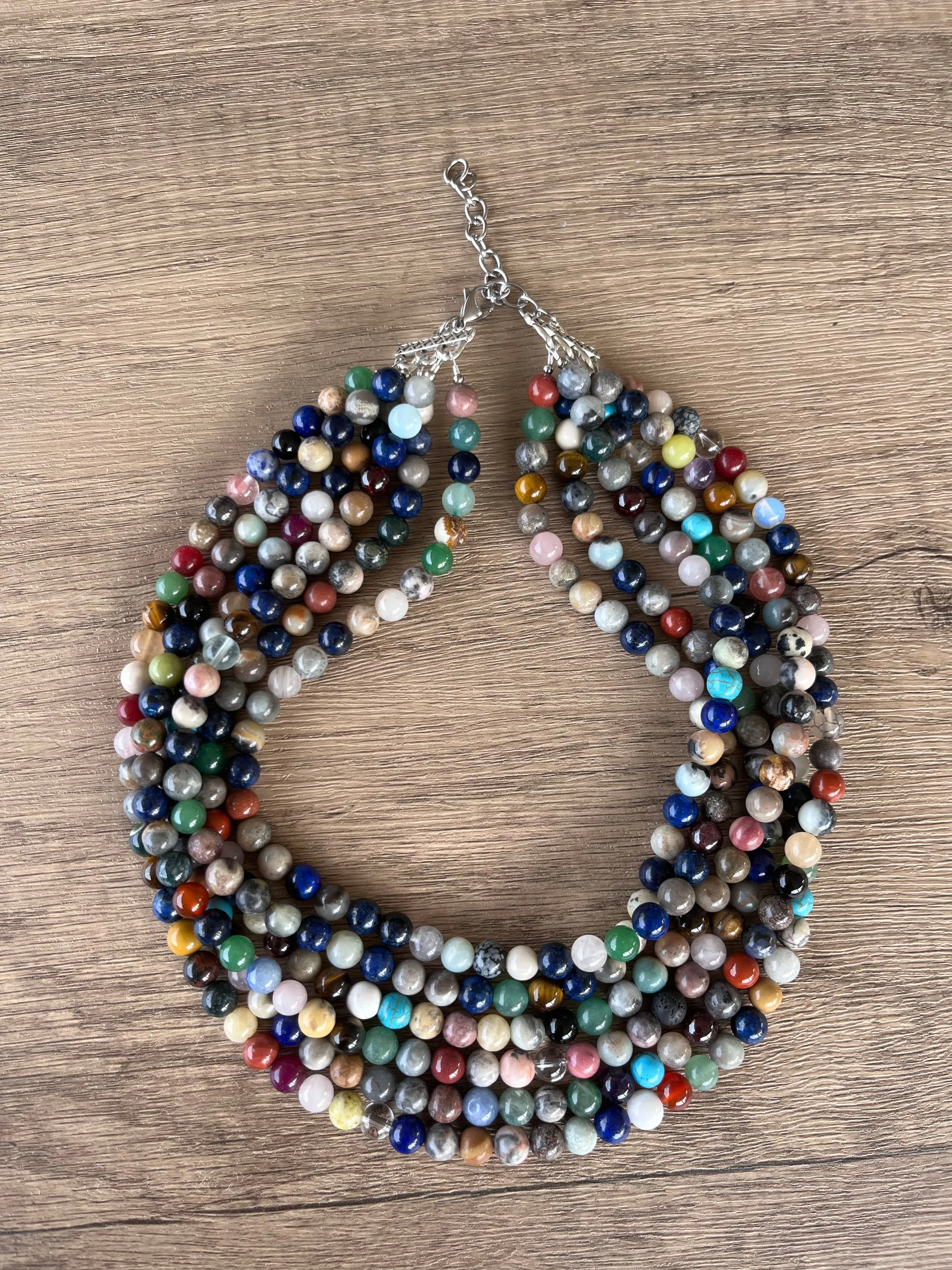 Multi Color Gemstone Beaded Multi Strand Chunky Statement Necklace - Michelle