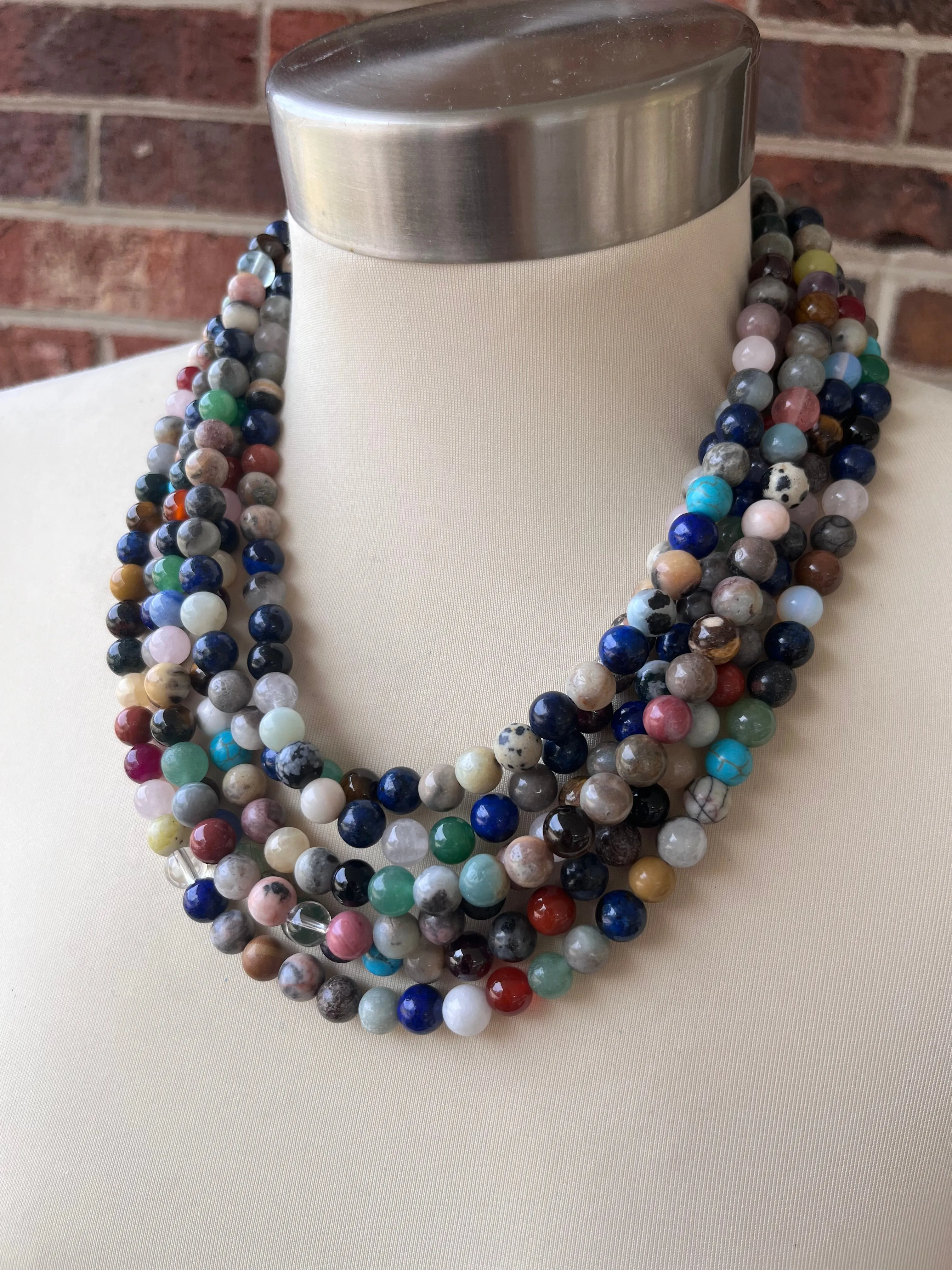 Multi Color Gemstone Beaded Multi Strand Chunky Statement Necklace - Michelle