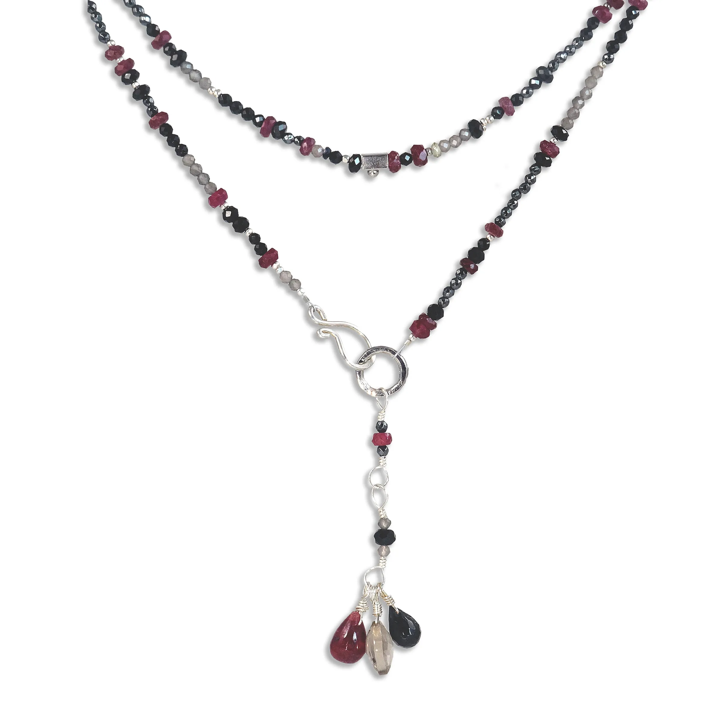 Multi Gemstone Necklace/Wrapped Bracelet with Ruby, Spinel, Grey Topaz - Long