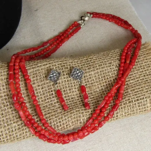 Multi-strand  Bright Red Bead Necklace and Earrings