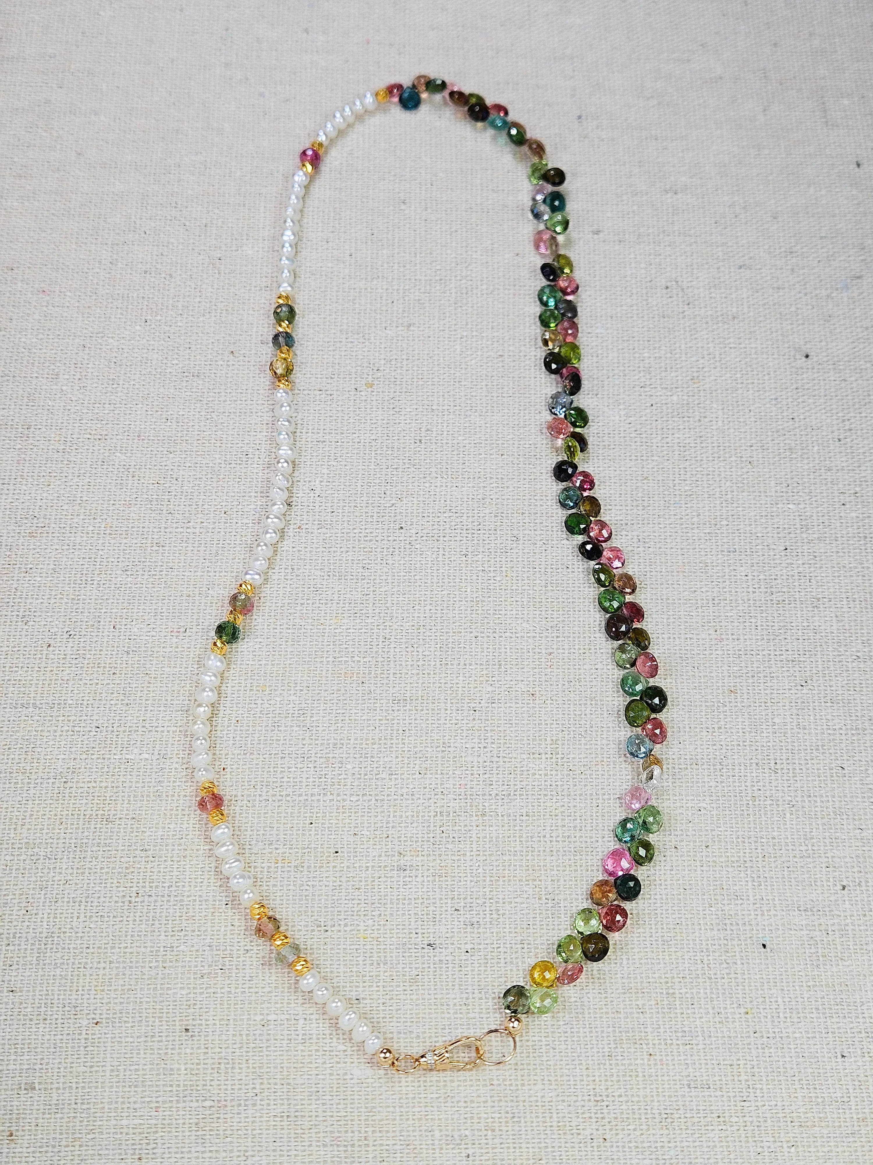 Multicolor Tourmaline Gemstone Briolette Freshwater Pearl Rainbow Moonstone 18K Yellow Gold Halfsie Necklace