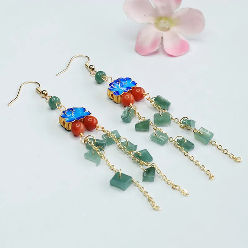 National Wind Jade Tassel Earrings with Sterling Silver Ear Hooks and Blue Enamel Lotus Symbol