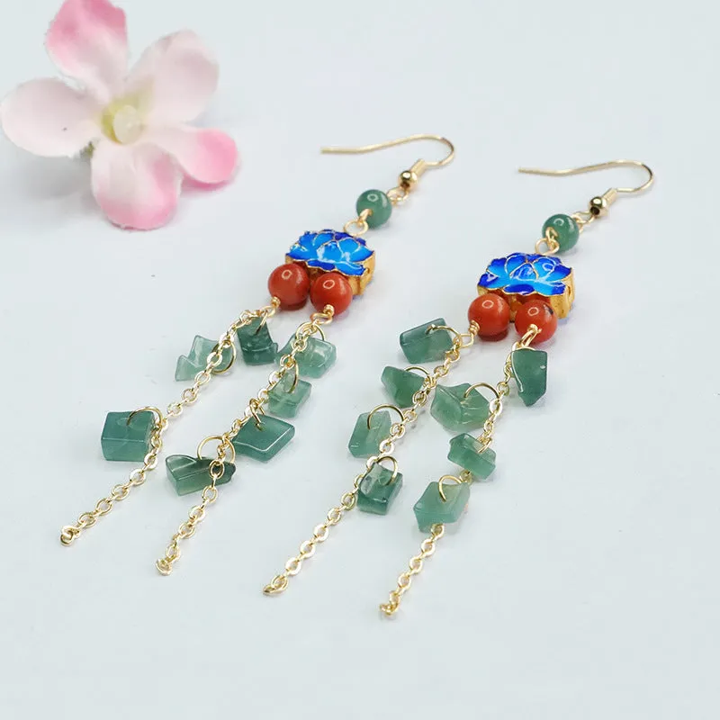 National Wind Jade Tassel Earrings with Sterling Silver Ear Hooks and Blue Enamel Lotus Symbol