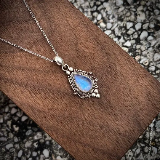 Natural Bezel Set Teardrop Rainbow Moonstone Boho Style Pendants - 925 Solid Sterling Silver Pendant