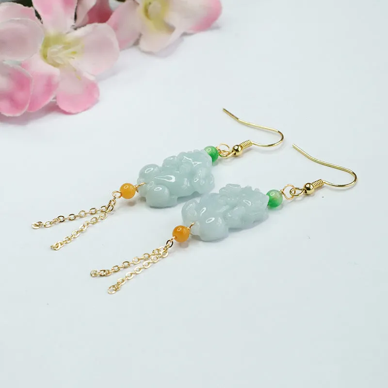 Natural Myanmar Jade Pixiu Earrings with Sterling Silver Earhooks