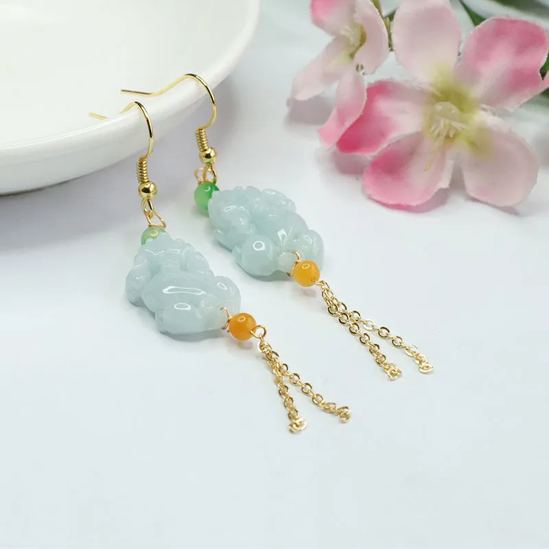 Natural Myanmar Jade Pixiu Earrings with Sterling Silver Earhooks