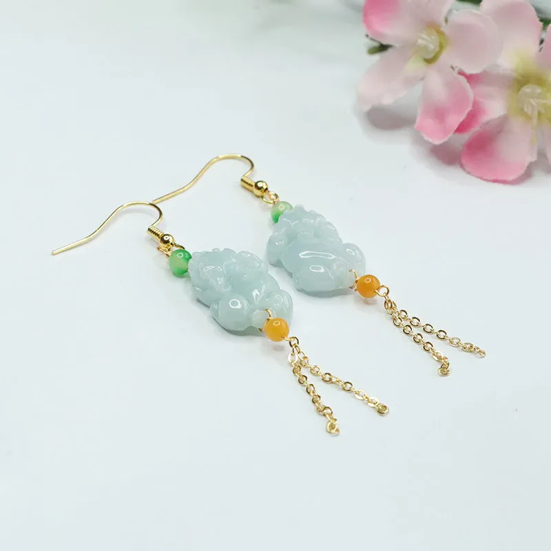 Natural Myanmar Jade Pixiu Earrings with Sterling Silver Earhooks