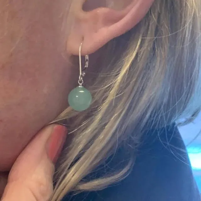 Natural Round Jade Leverback Drop Earrings