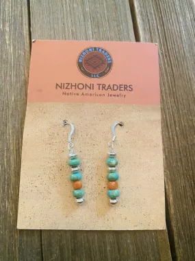 Navajo Sterling Silver, Turquoise & Coral Beaded Dangle Earrings