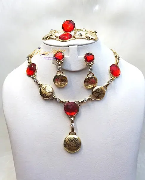 New Design Purple Coral Red Gold Plated Complete Set Necklace Jewellery Party Set