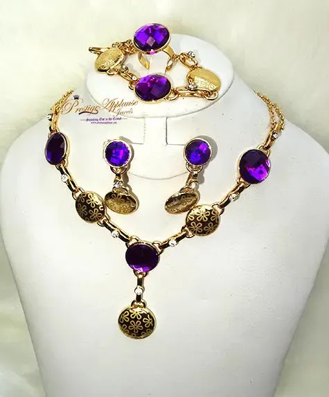 New Design Purple Coral Red Gold Plated Complete Set Necklace Jewellery Party Set