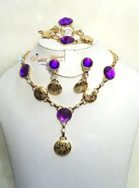 New Design Purple Coral Red Gold Plated Complete Set Necklace Jewellery Party Set