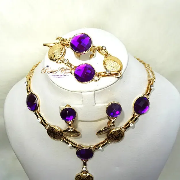 New Design Purple Coral Red Gold Plated Complete Set Necklace Jewellery Party Set