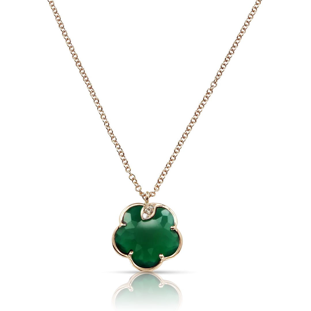 Petit Joli Necklace in 18k Rose Gold with Green Agate, White, and Champagne Diamonds