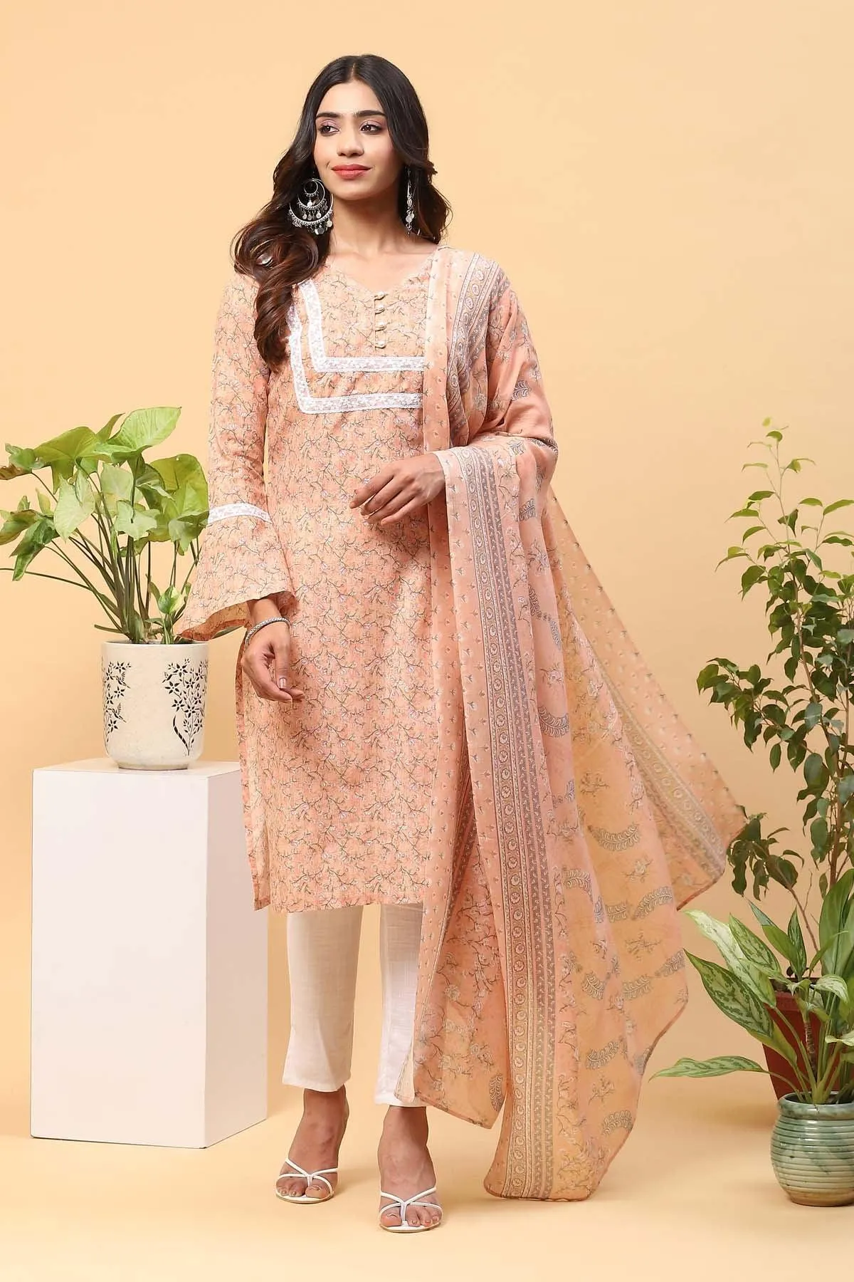 Pihu Coral Peach Digital Print Kurta Set