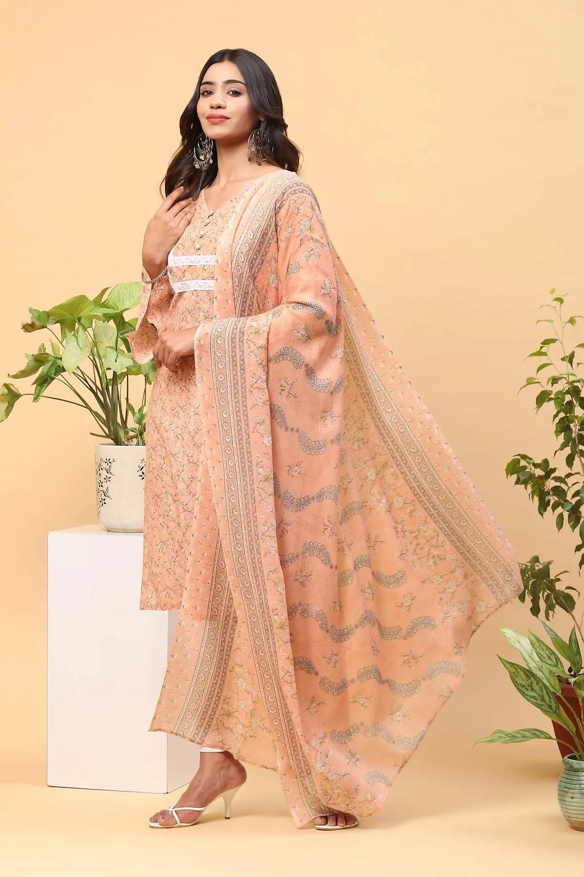 Pihu Coral Peach Digital Print Kurta Set